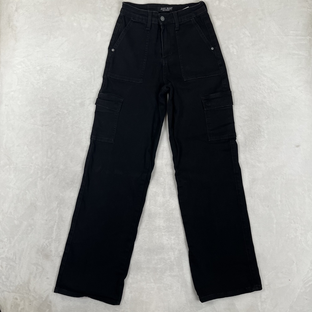Judy Blue Cargo Straight Jeans Juniors 3/26 Black High Rise Dark Wash Denim